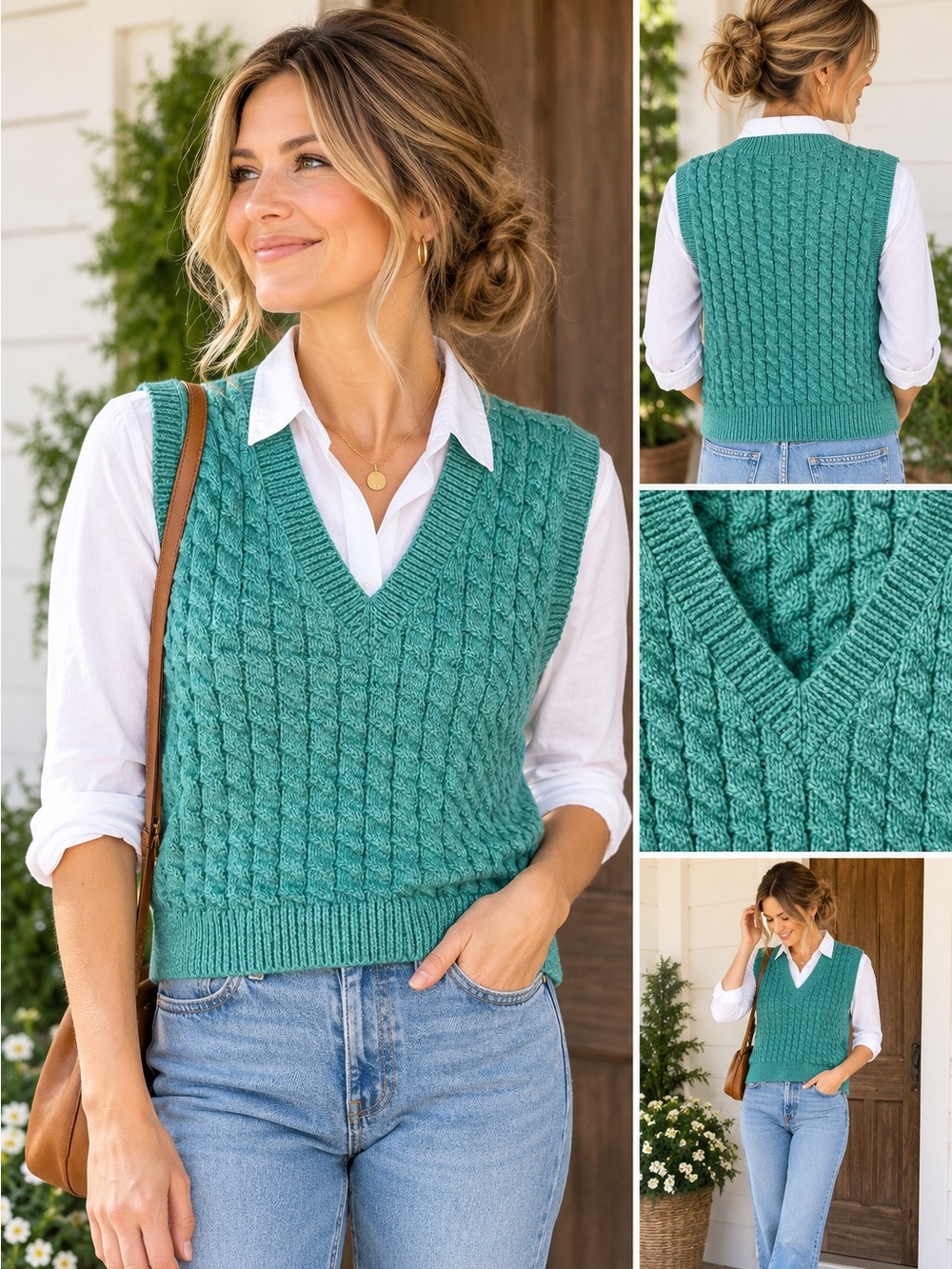 Vintage Wool Cable Knit V-Neck sweater Vest Minty Green Handmade EUC S/M